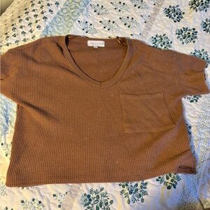 Brown V-Neck Waffle Knit Top